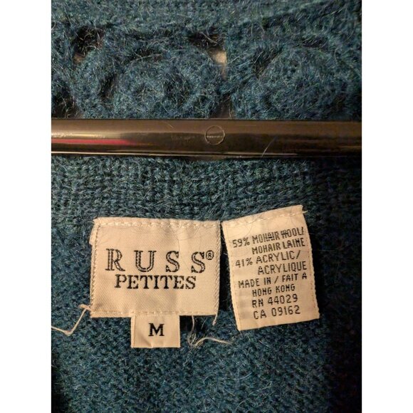 Vintage Russ Petites Mohair Wool Sweater Vest Teal M Crochet Trim V-Neck - Picture 4 of 4
